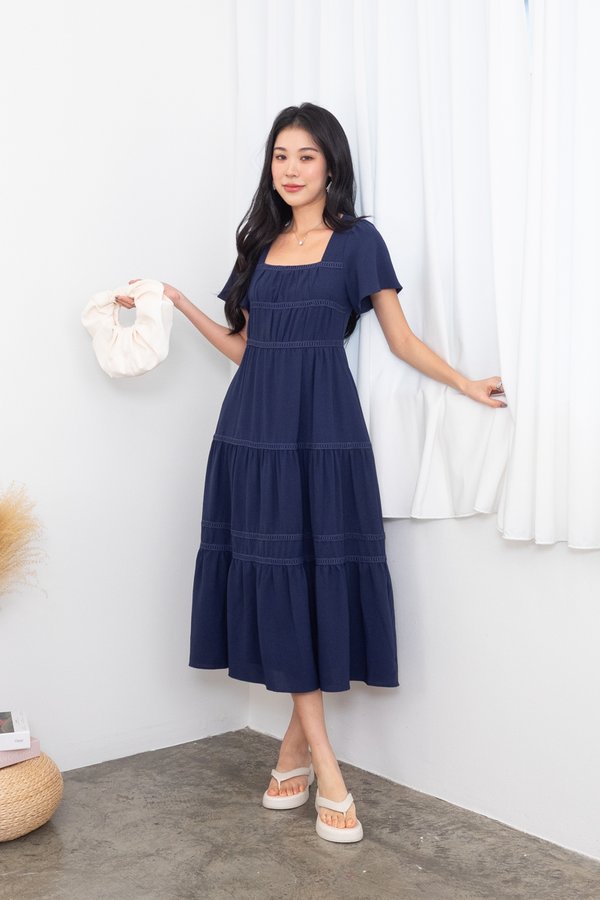 Raine Flutter Sleeve Lattice Tier Maxi Dress in Navy