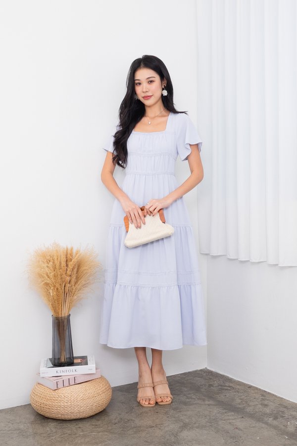 Raine Flutter Sleeve Lattice Tier Maxi Dress in Powder Blue