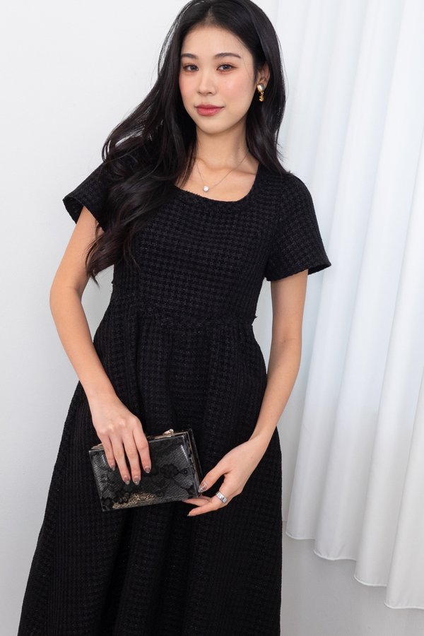 Wynelle Tweed V Waist Midi Dress in Black