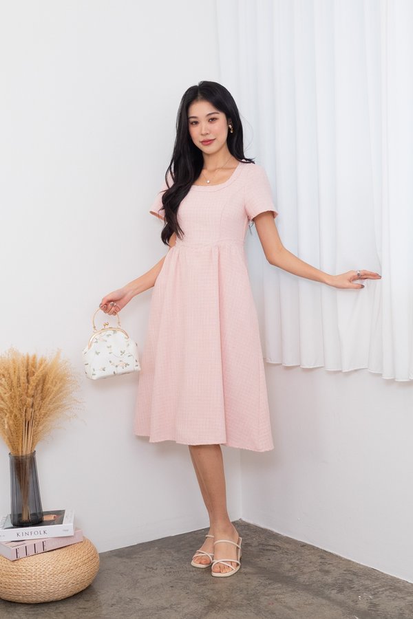 Wynelle Tweed V Waist Midi Dress in Pink