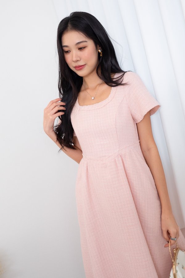Wynelle Tweed V Waist Midi Dress in Pink
