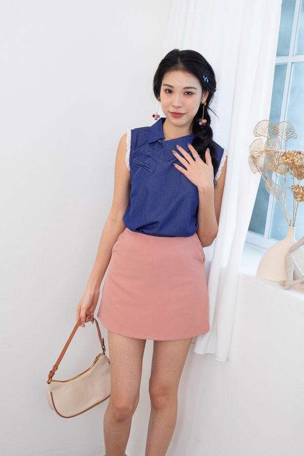 Ally Eyelet Sleeves Cheongsam Top in Blue