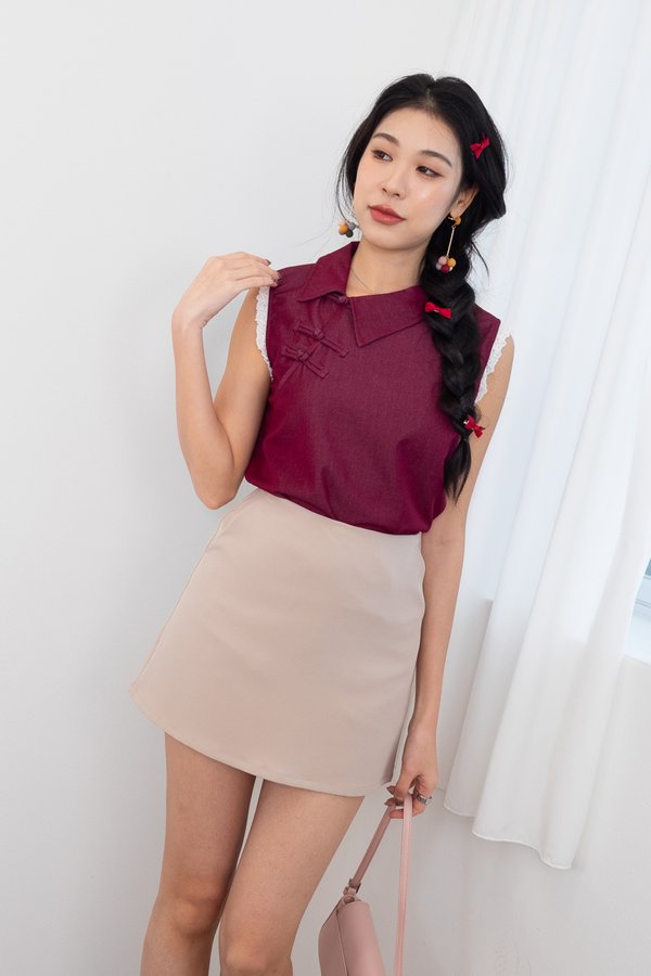Ally Eyelet Sleeves Cheongsam Top in Maroon