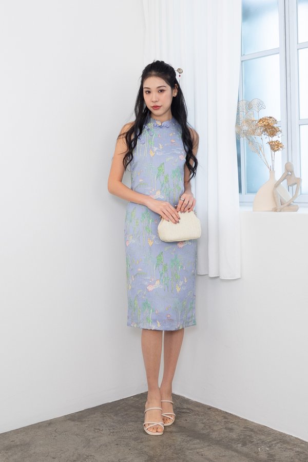 Jin Xi (金禧) Emboss Embroidery Cheongsam Midi Dress in Blue Purple