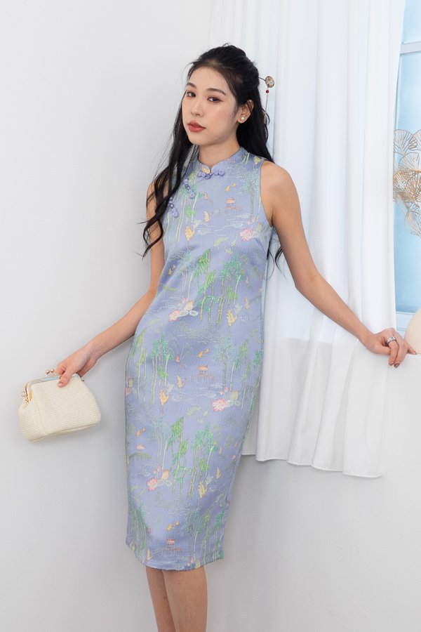 Jin Xi (金禧) Emboss Embroidery Cheongsam Midi Dress in Blue Purple
