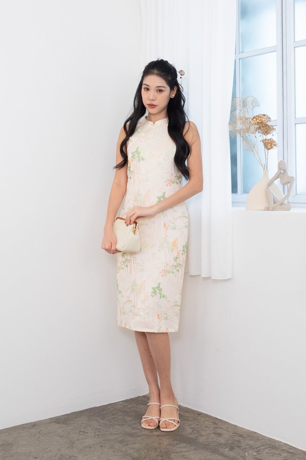 Jin Xi (金禧) Emboss Embroidery Cheongsam Midi Dress in Cream