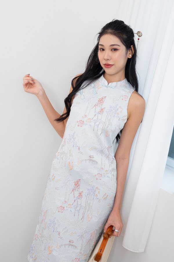 Jin Xi (金禧) Emboss Embroidery Cheongsam Midi Dress in Light Blue