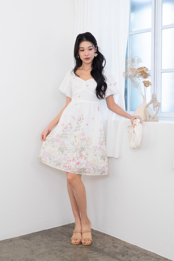 Kyra Print Embroidery Bustier Ruched Babydoll Dress in Bloom Pink