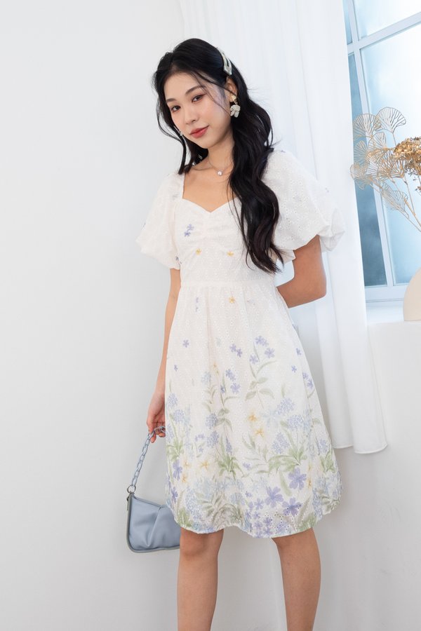 Kyra Print Embroidery Bustier Ruched Babydoll Dress in Bluebell Mist