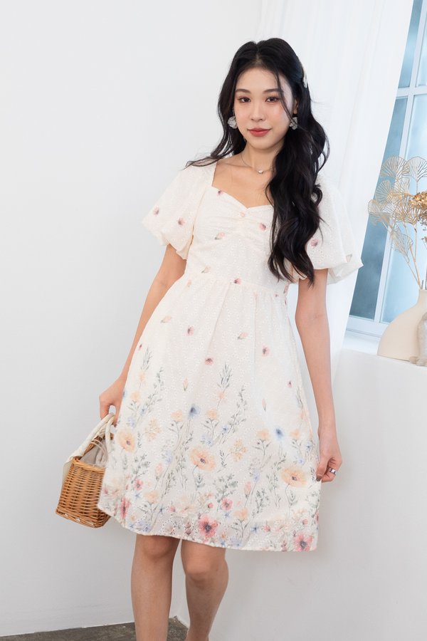 Kyra Print Embroidery Bustier Ruched Babydoll Dress in Buttercream Glow