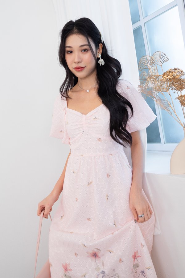 Kysha Print Embroidery Bustier Ruched Maxi Dress in Blush Petal