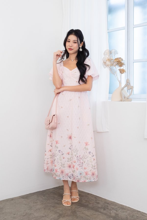 Kysha Print Embroidery Bustier Ruched Maxi Dress in Blush Petal