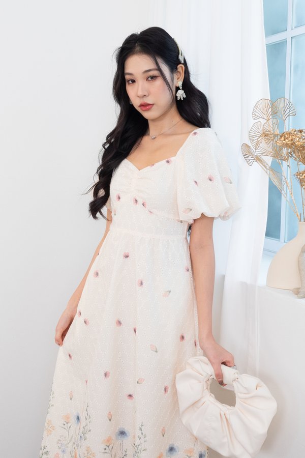 Kysha Print Embroidery Bustier Ruched Maxi Dress in Buttercream Glow