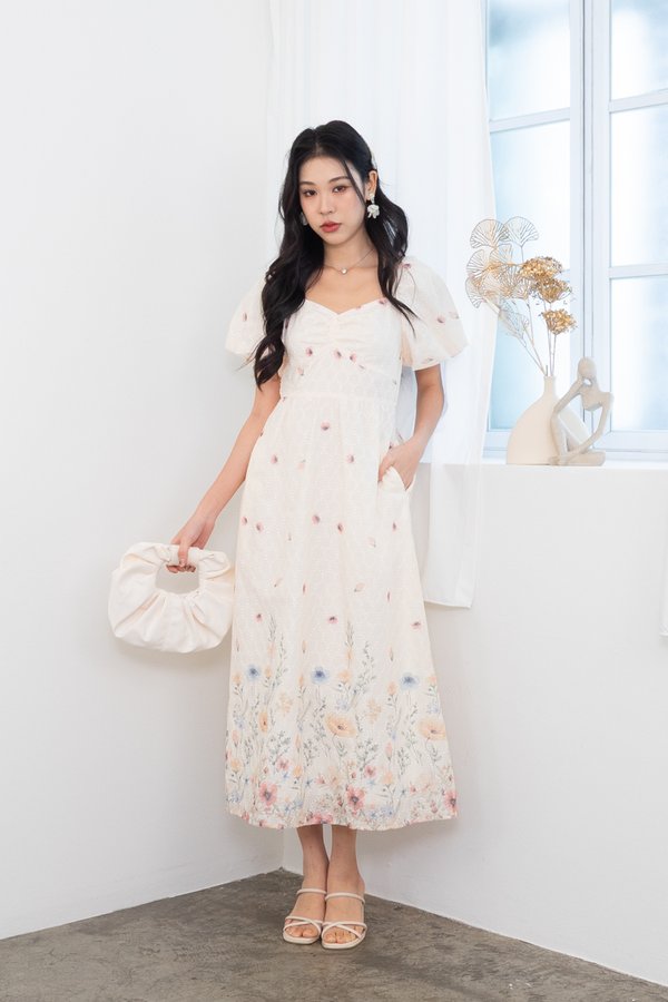 Kysha Print Embroidery Bustier Ruched Maxi Dress in Buttercream Glow