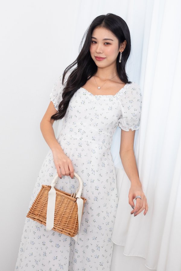 Serissa Frill Gingham Puffy Sleeves Midaxi Dress in White Florals