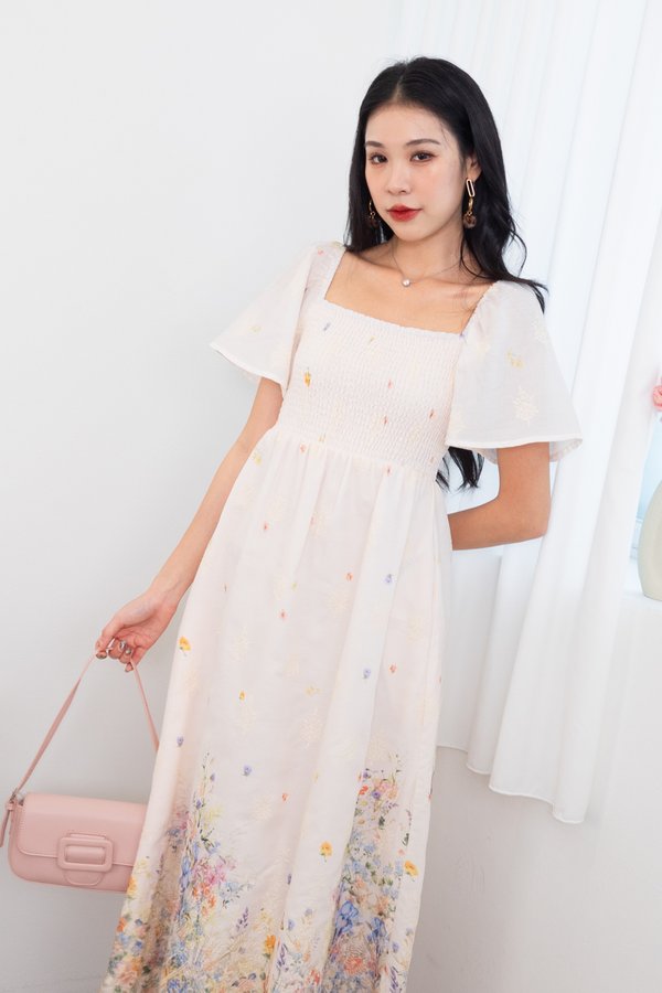 Breesha Smocked Flutter Sleeves Maxi Dress in Multi