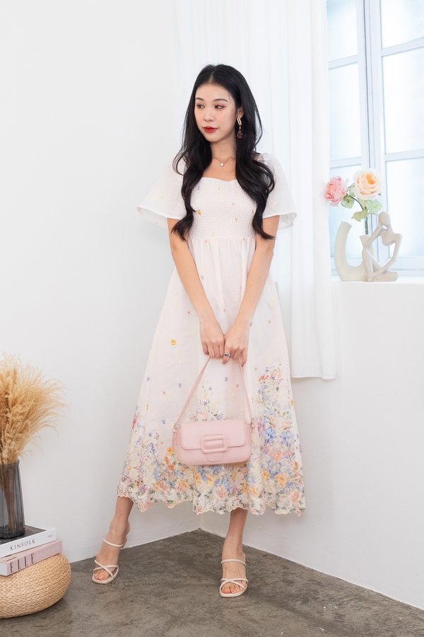 Breesha Smocked Flutter Sleeves Maxi Dress in Multi