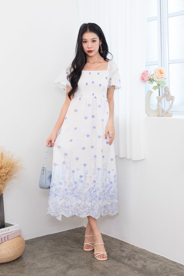 Breesha Smocked Flutter Sleeves Maxi Dress in Purple/Blue