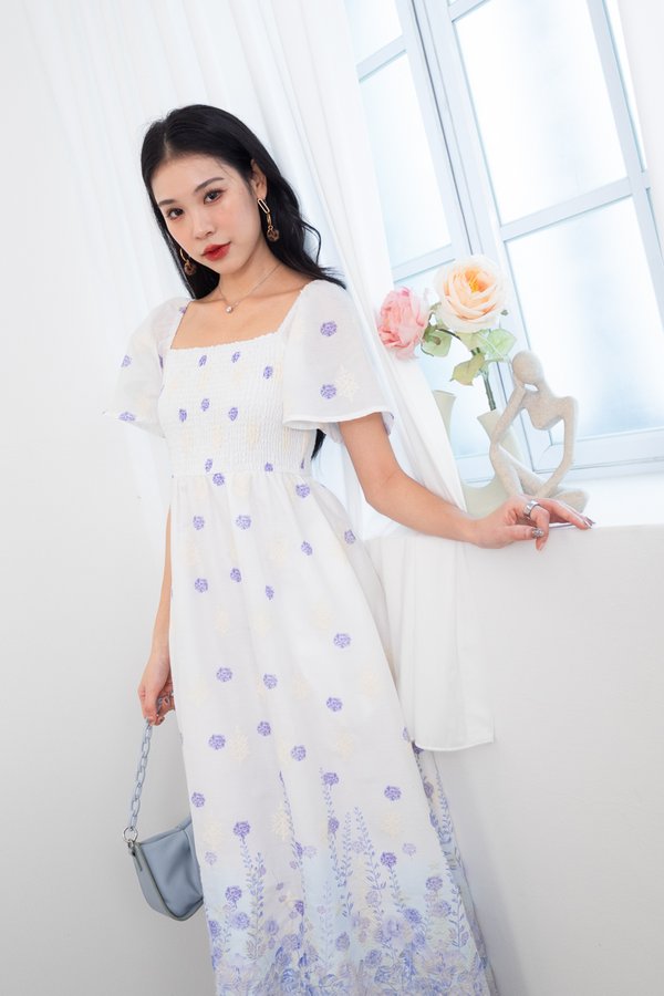 Breesha Smocked Flutter Sleeves Maxi Dress in Purple/Blue