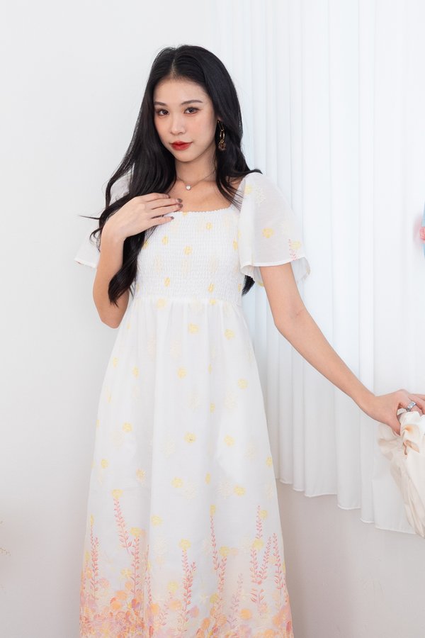 Breesha Smocked Flutter Sleeves Maxi Dress in Yellow/Orange