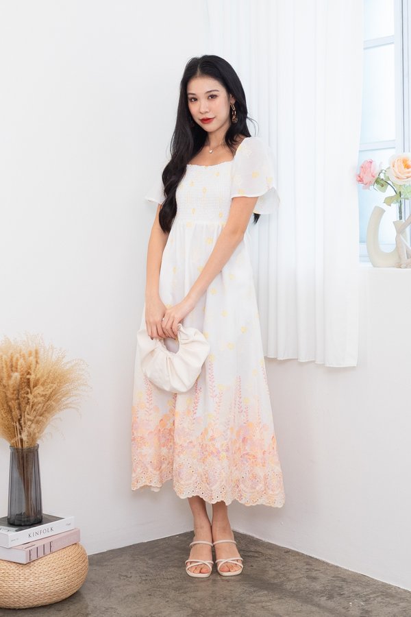 Breesha Smocked Flutter Sleeves Maxi Dress in Yellow/Orange