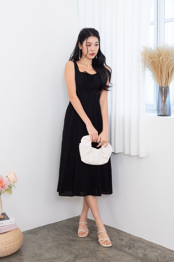 Fiona Tie Lattice Midi Dress in Black