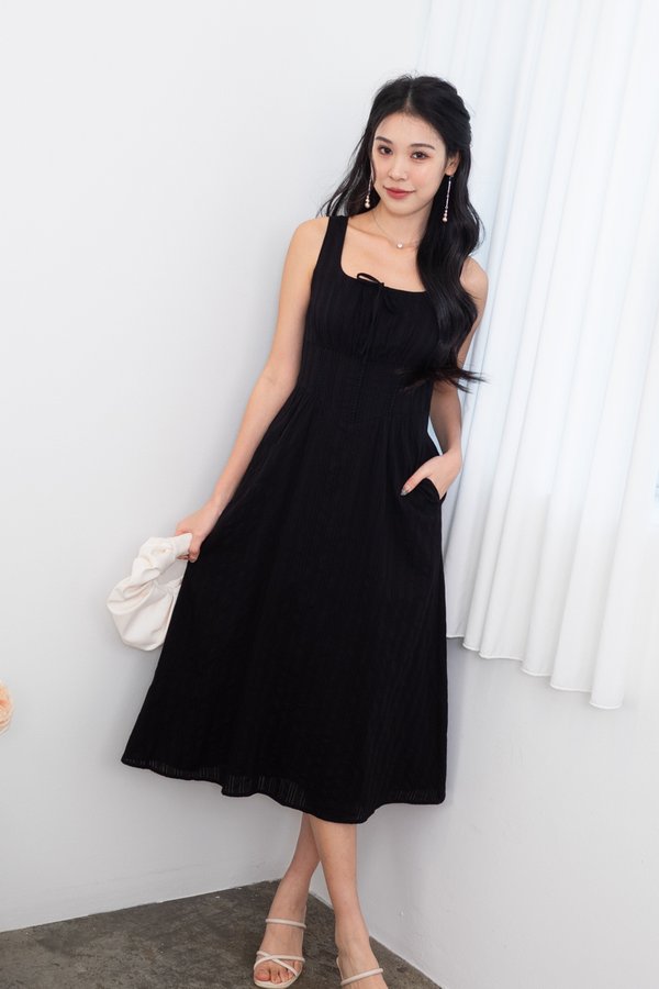 Fiona Tie Lattice Midi Dress in Black