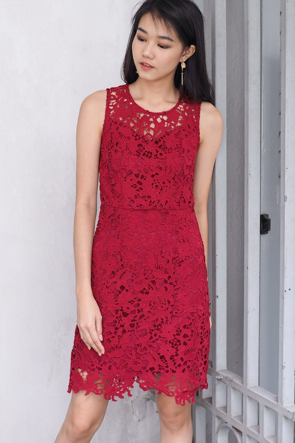 Chloe Crochet Festive Bodycon Dress in Wine Red
