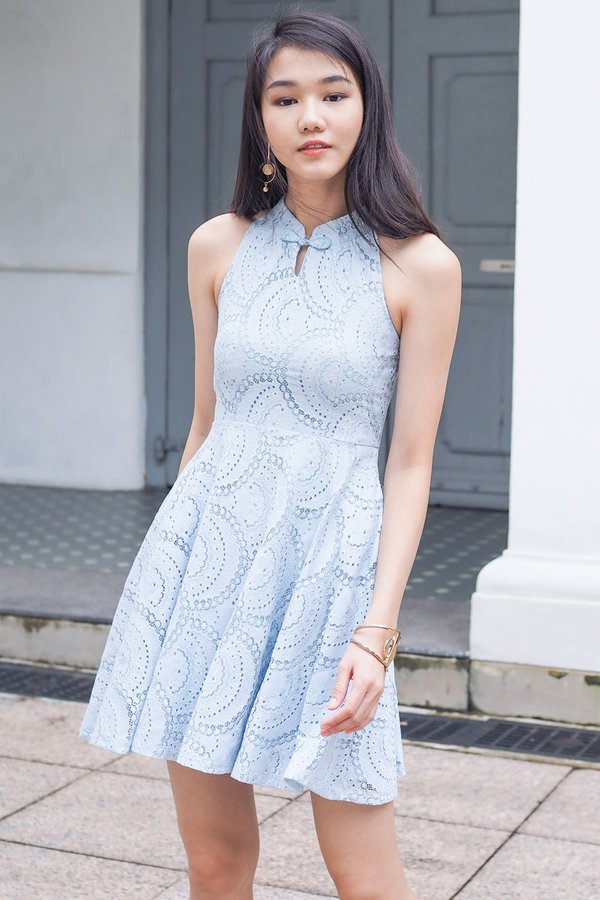 EXCLUSIVE - Lauretta Cheongsam Collar Lace Skater Dress in Powder Blue