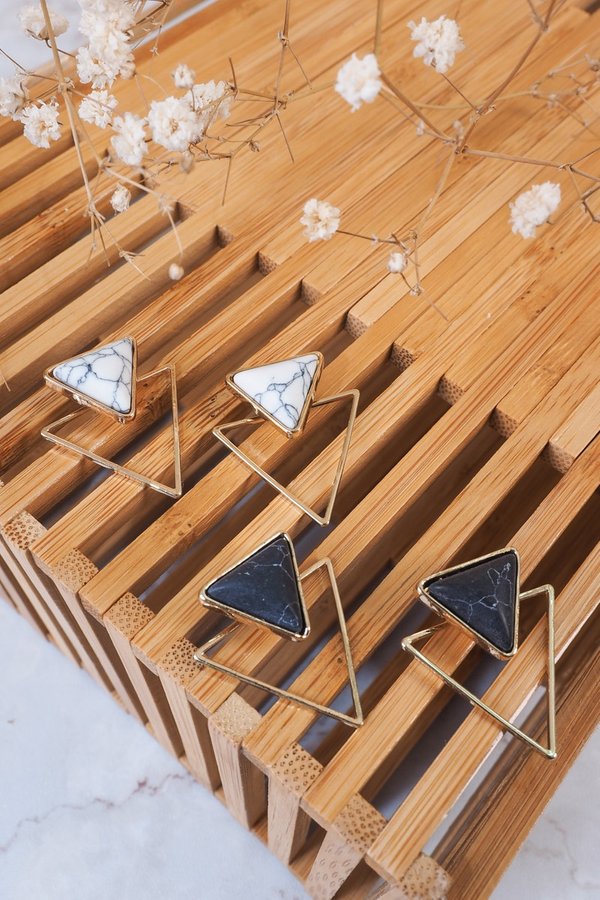 BACK IN STOCK - Corra Marble Double Triangle Earrings in Black