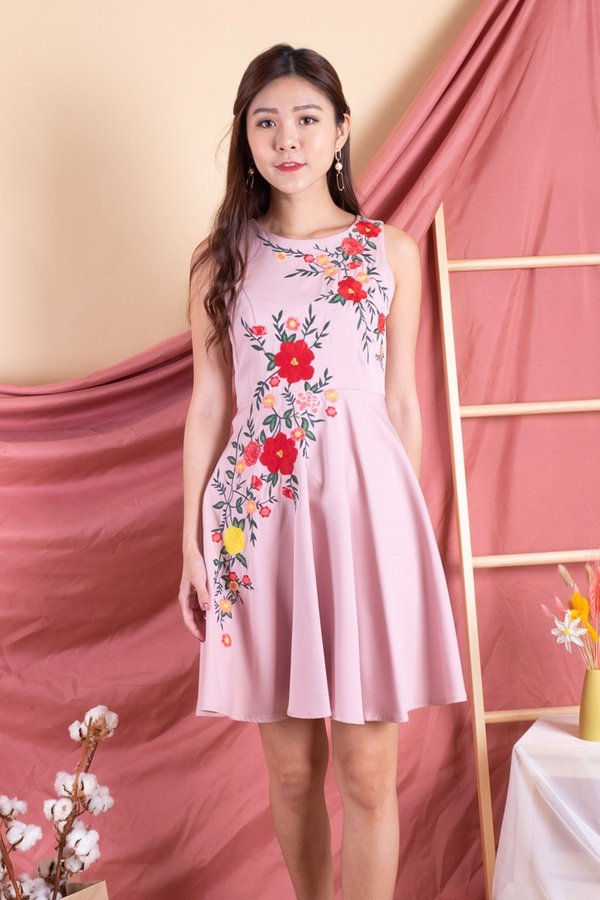 Jeseray Bloom Embroidery Skater Dress in Dust Pink