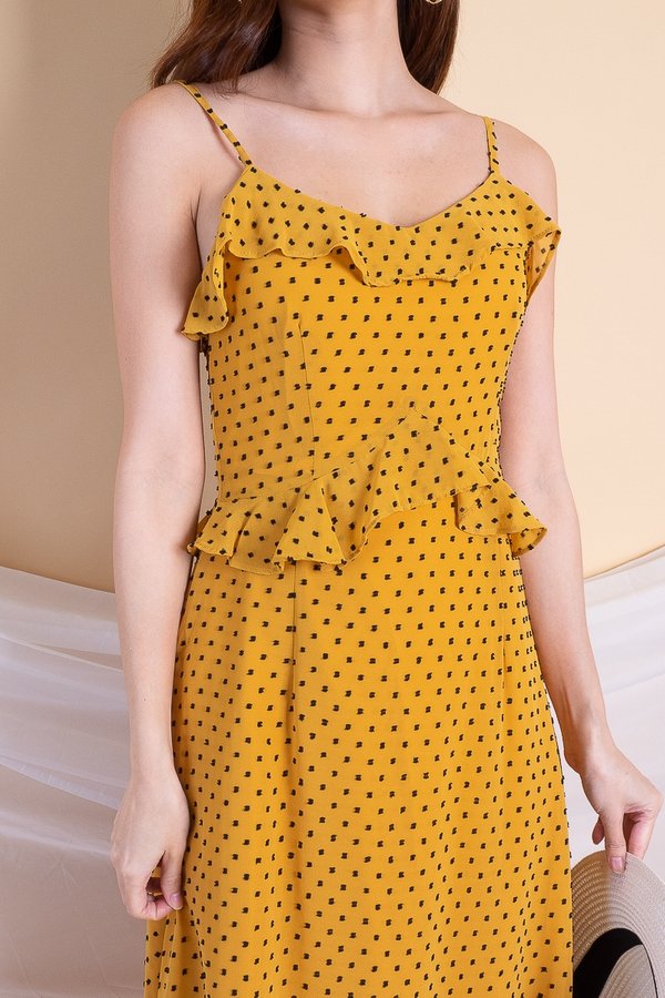 Efrona Flutter Swiss Dot Dress in Mustard