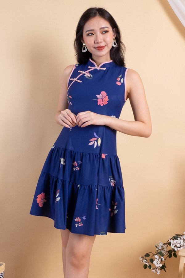 Kayna Tier Skater Cheongsam Dress in Navy Florals