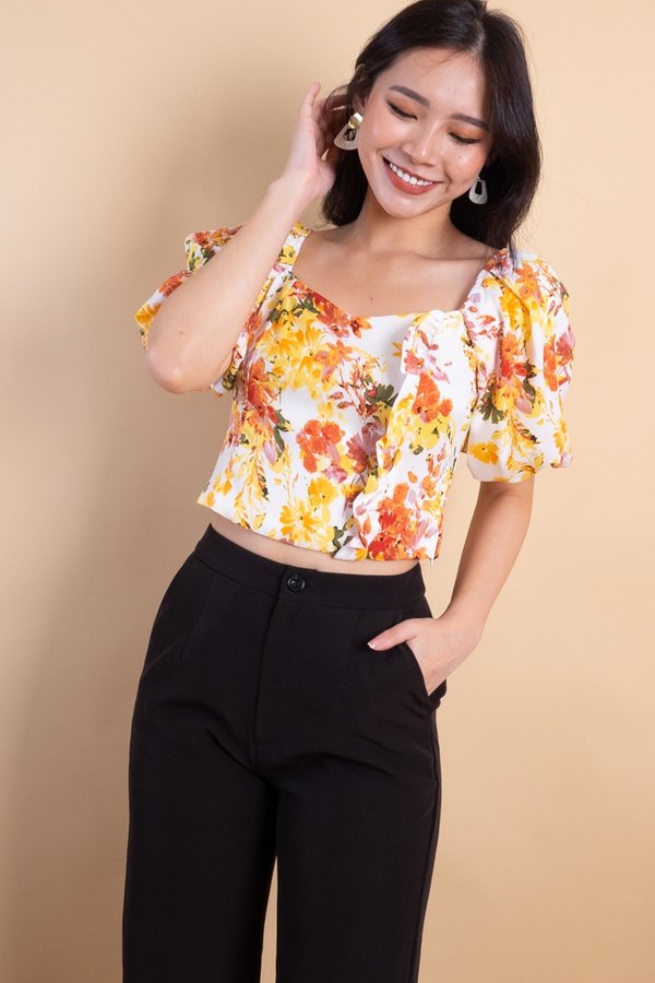 Dara 2-Way Puff Sleeved Top in Yellow Florals