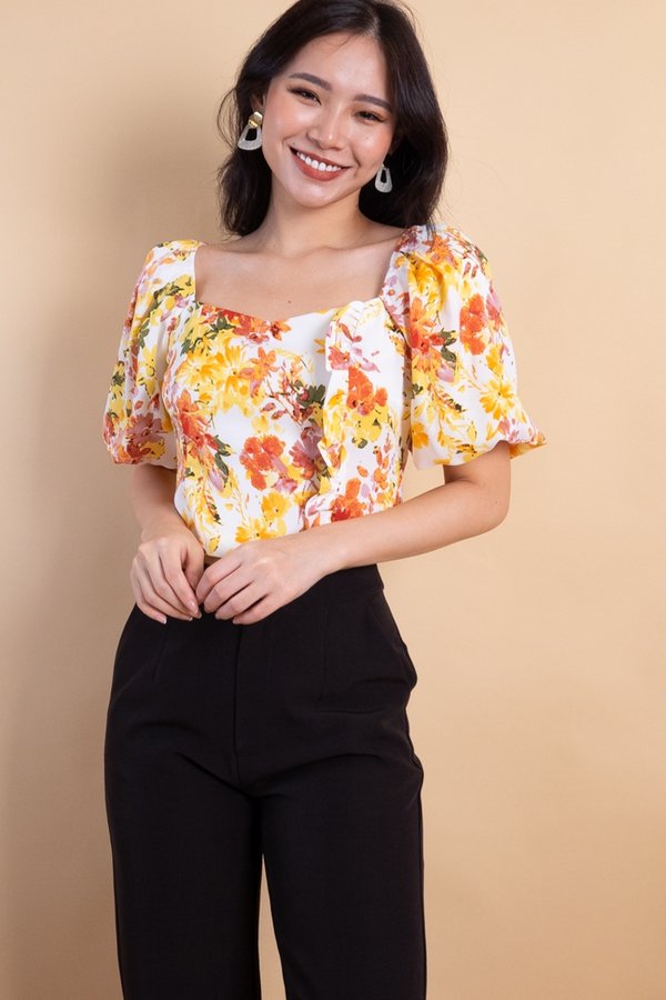 Dara 2-Way Puff Sleeved Top in Yellow Florals