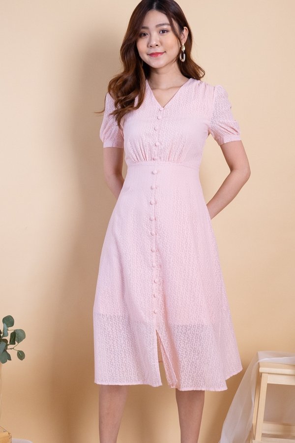 Katrine Buttons Down Sleeved Midi Dress in Pink