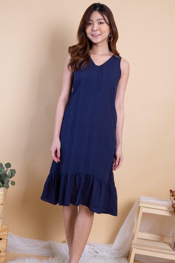 Ryoko Eyelet Hi-Lo Hem Dress in Navy