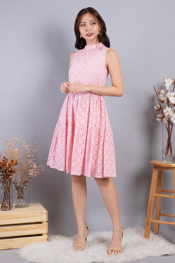 Sherah Hi Neck Eyelet Babydoll Dress in Pink