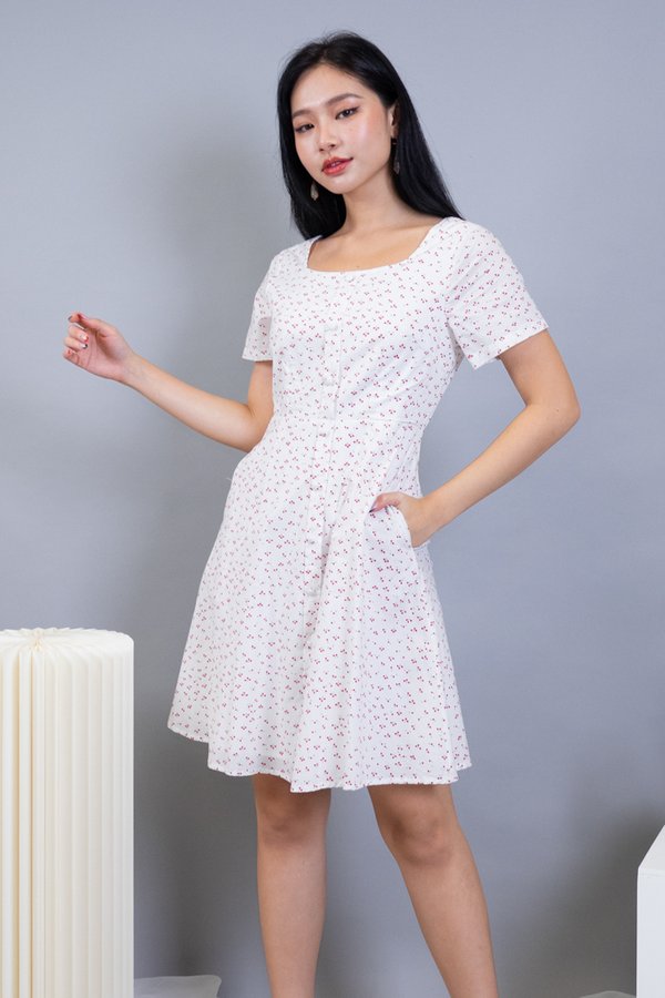 Carice Buttons Down Smocked Back Dress in White Cherries
