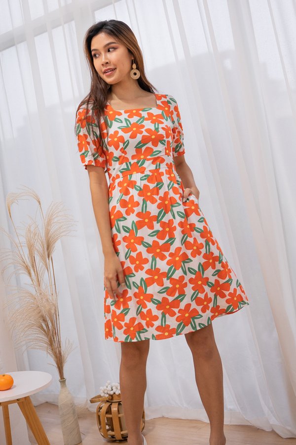 Jeneva Square Neck Midi Dress in Orange Florals
