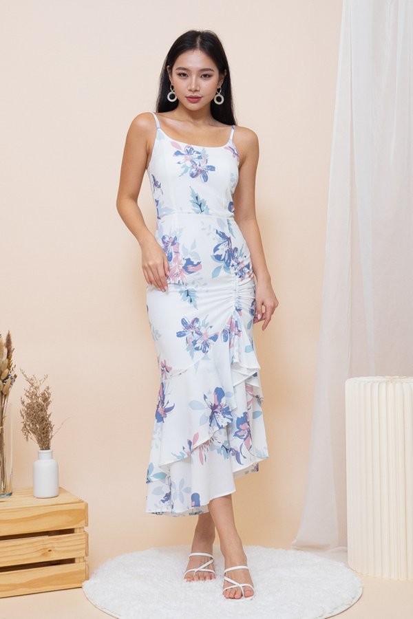 Avril Mermaid Ruched Dress in White Floral