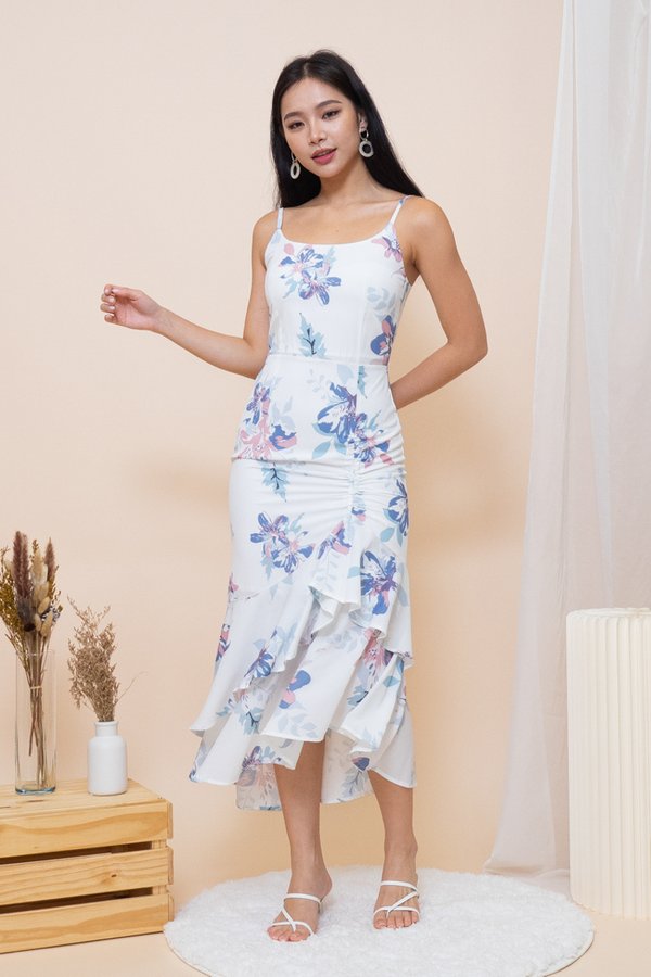 Avril Mermaid Ruched Dress in White Floral