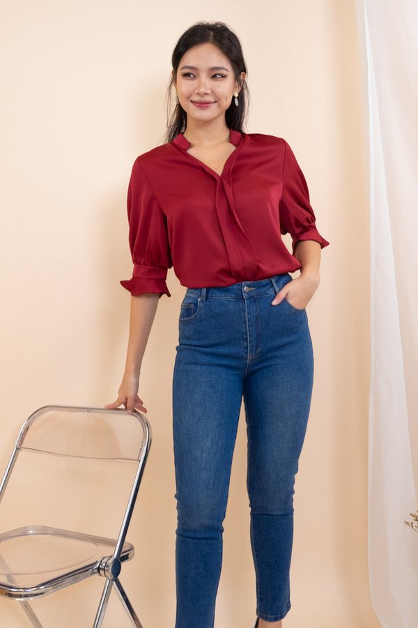 Jacob Panel Sleeves Satin Blouse Top in Wine Red