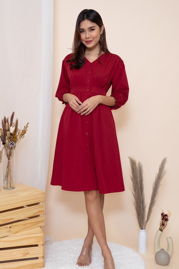 Jaimi Buttons Down Midi Dress in Wine Red