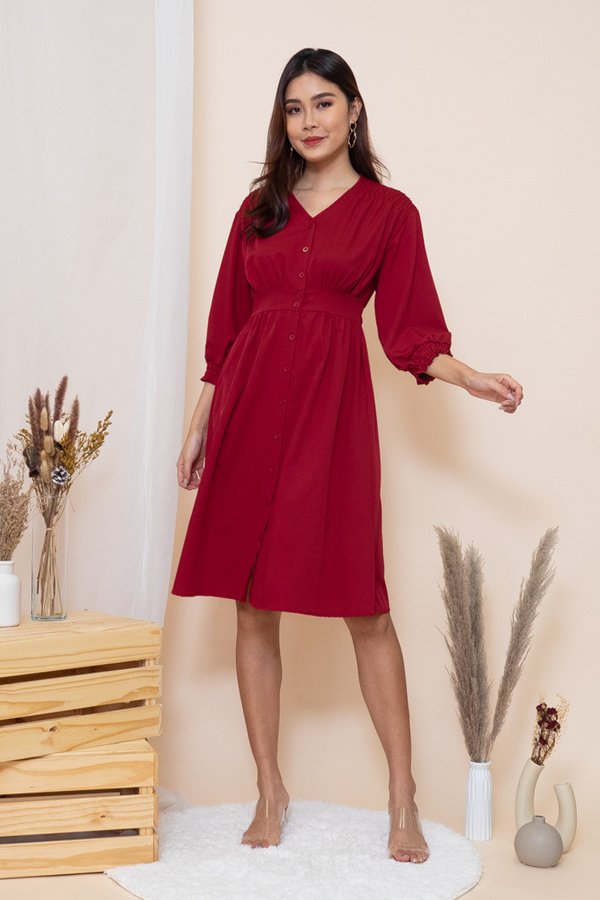 Jaimi Buttons Down Midi Dress in Wine Red