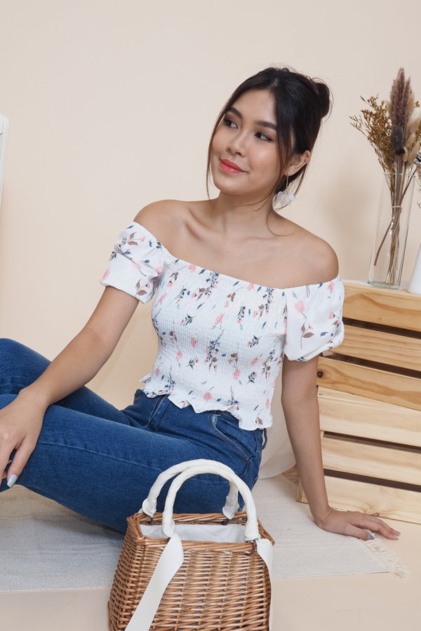 Thyna 2-Way Smocked Top in White Florals