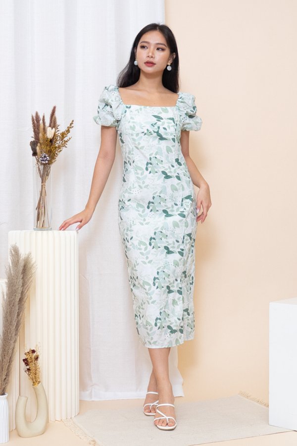 Grace Eyelet Embroidery Midi Dress in Green Florals