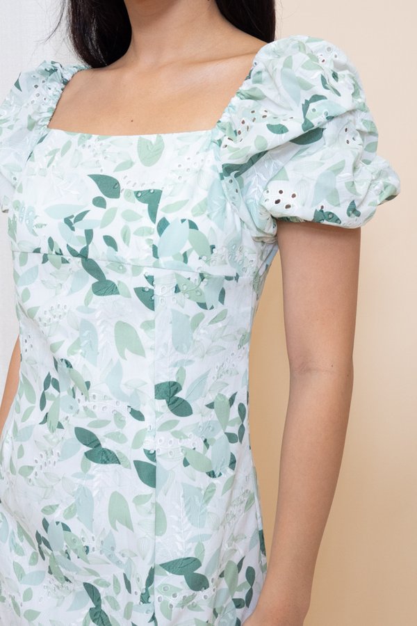 Grace Eyelet Embroidery Midi Dress in Green Florals