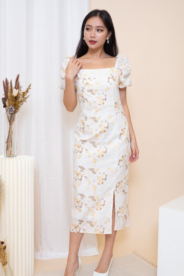 Grace Eyelet Embroidery Midi Dress in Yellow Florals