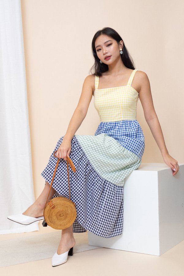 Zayla Colourblock Tiered Dress in Yellow Gingham